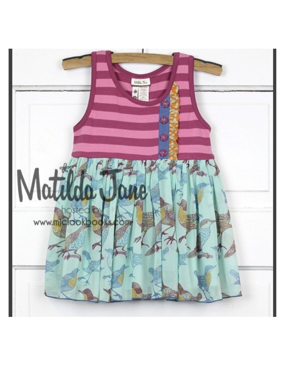 Matilda Jane Pink & Aqua Striped Tank Dress with Bird Print